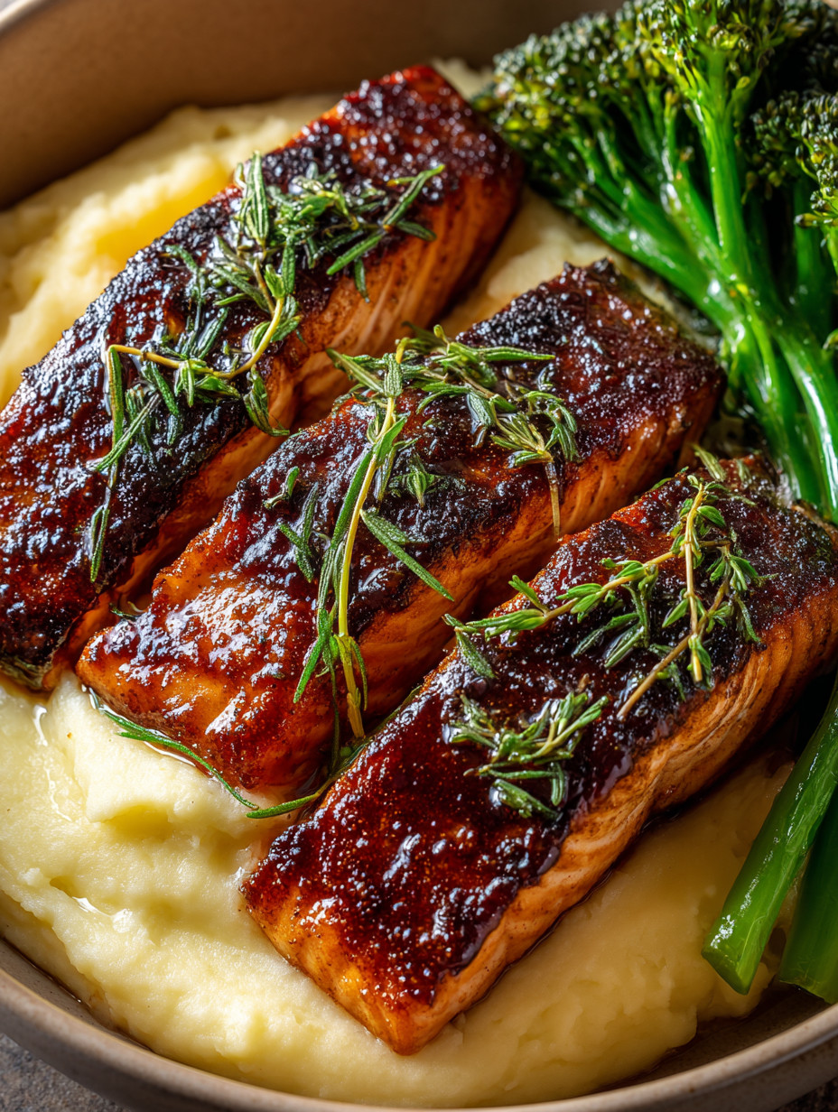 A piece of salmon with herbs on top.