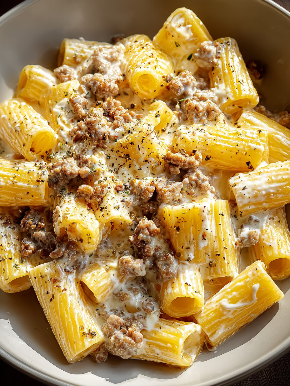 A bowl of pasta with meat and cheese.