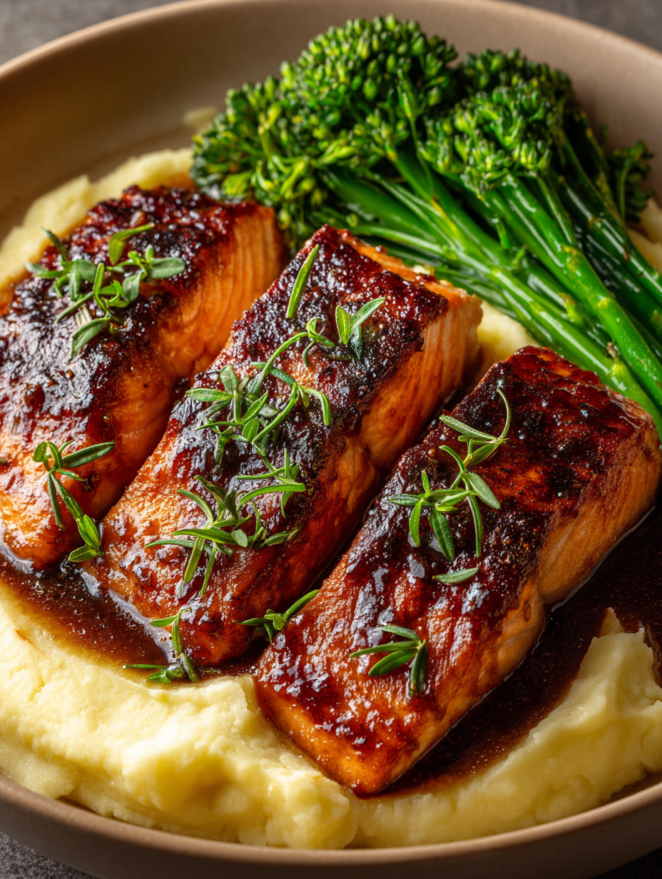 A plate of food with salmon and broccoli.