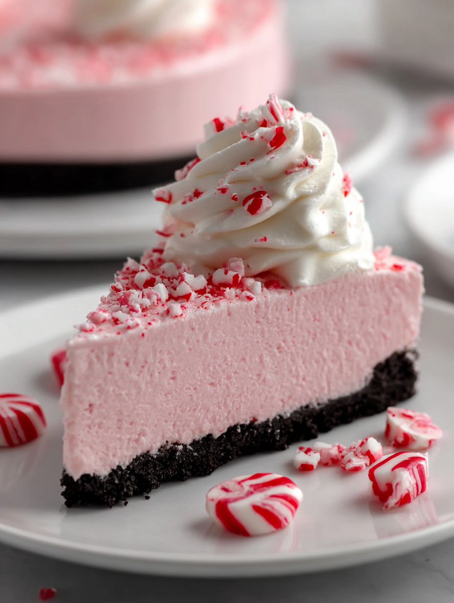 A slice of pink cake with white frosting and red and white sprinkles.
