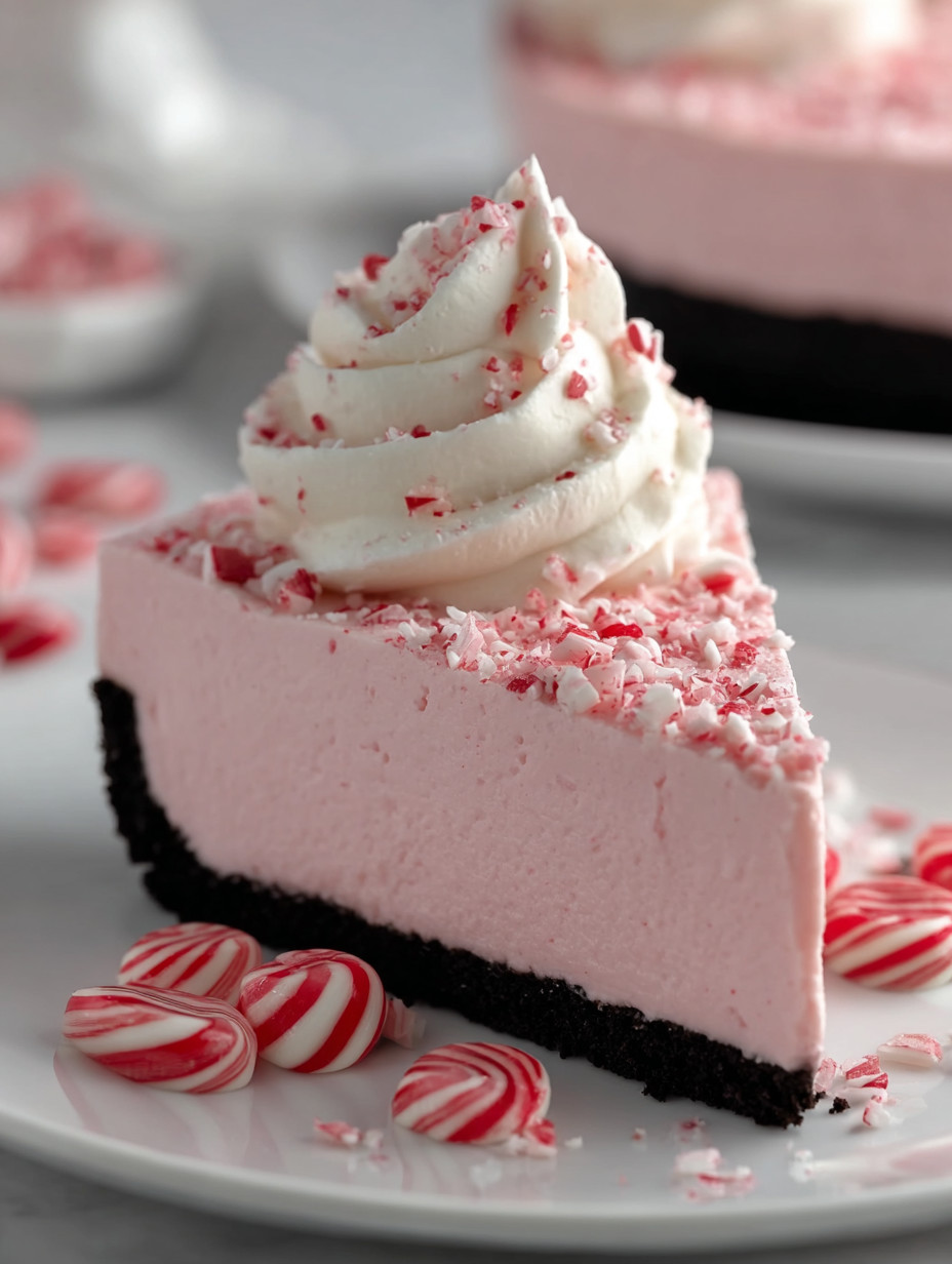 A slice of pink cake with white frosting and red stripes.
