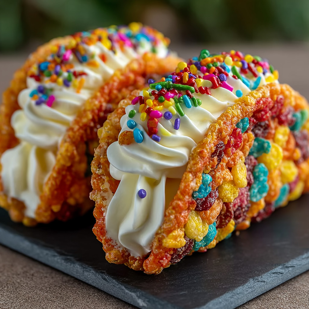 A colorful dessert with a white and orange frosting.