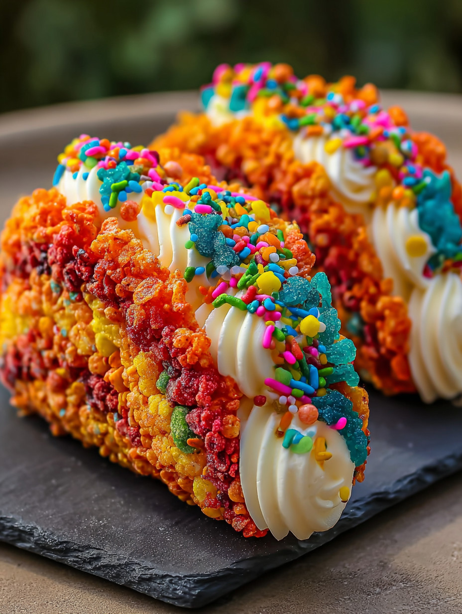 A colorful dessert with a white and yellow frosting.