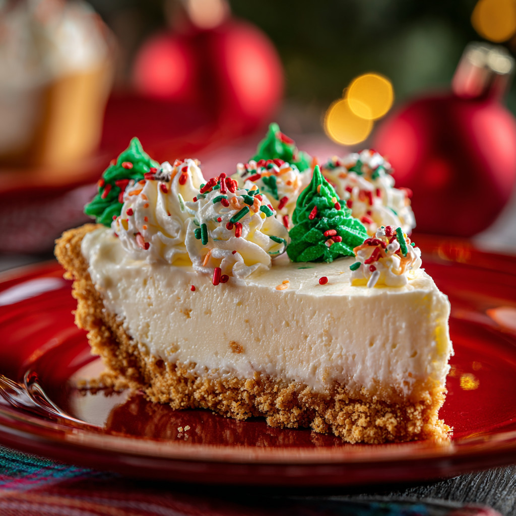 A slice of pie with a green and red topping.