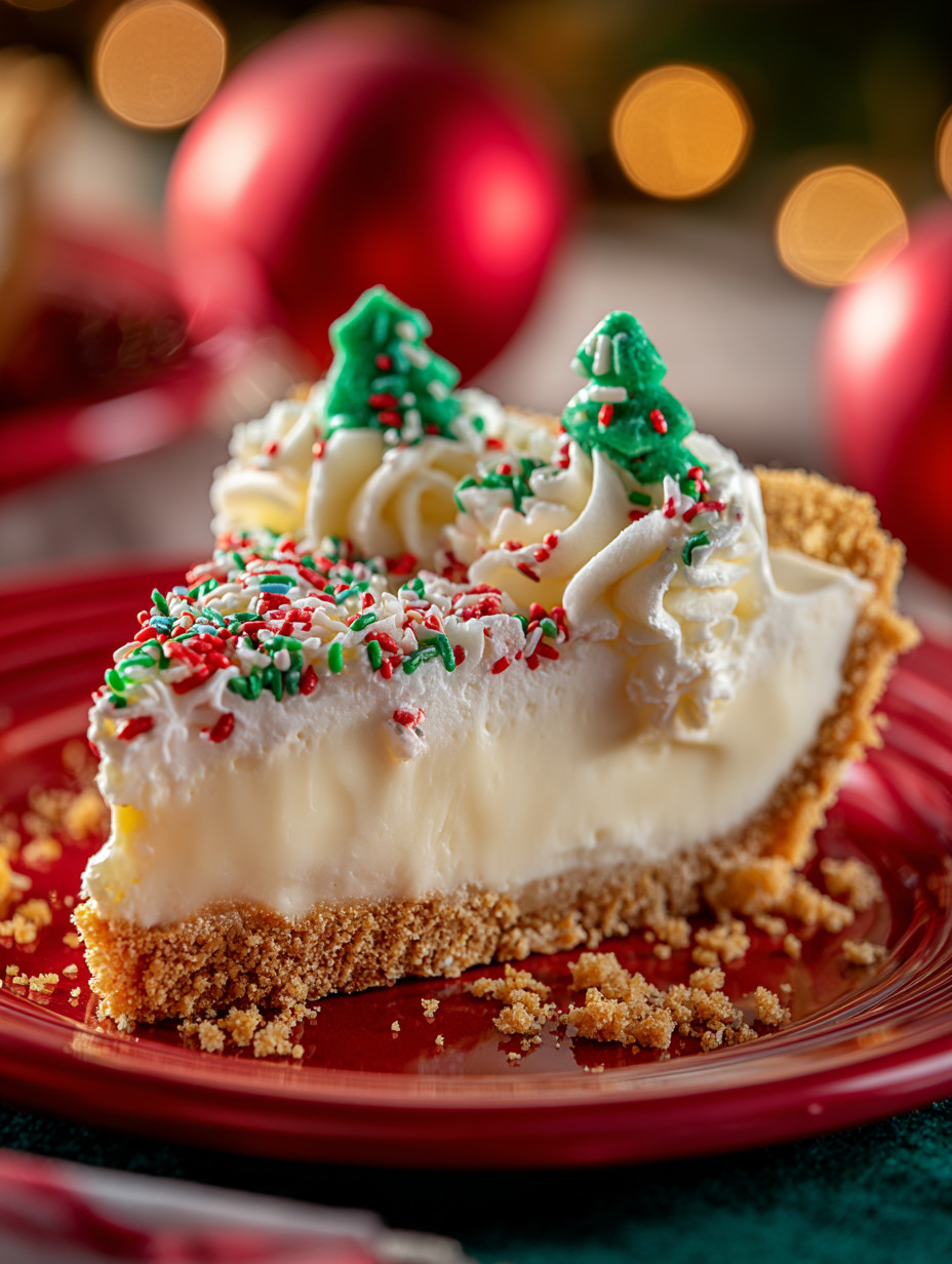 A slice of pie with whipped cream and a green tree decoration.