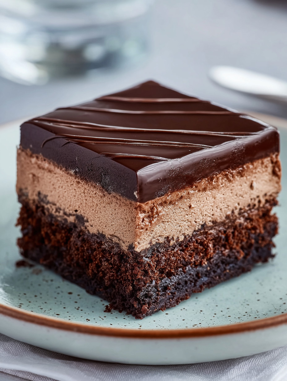 A slice of chocolate cake with chocolate icing.