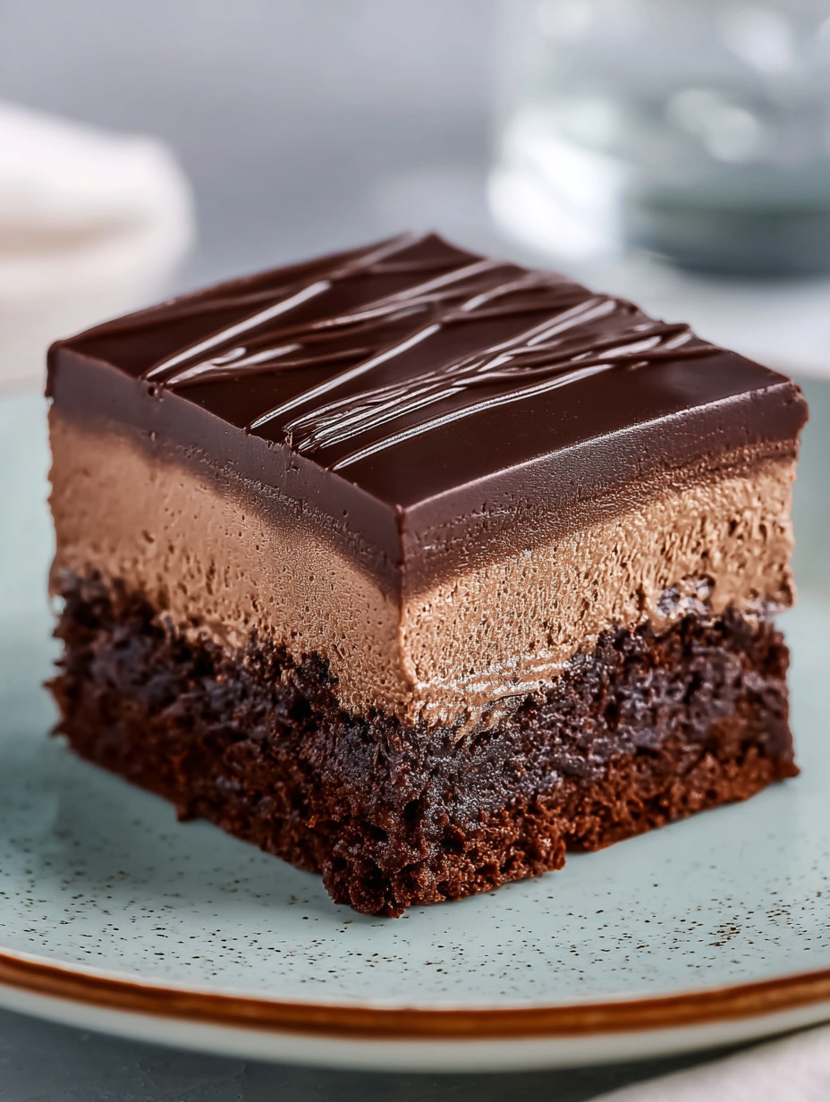 A slice of chocolate cake with chocolate icing.