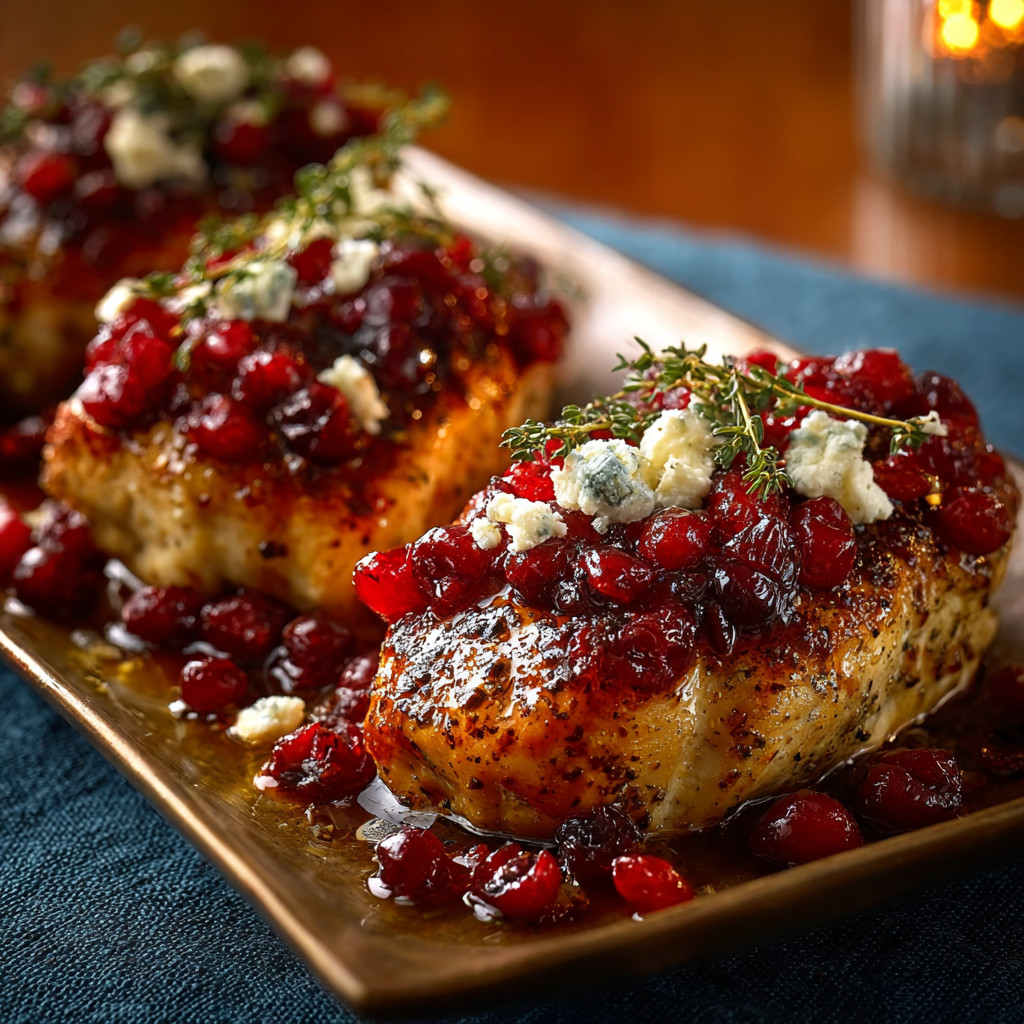 A plate of food with blue cheese and red berries.