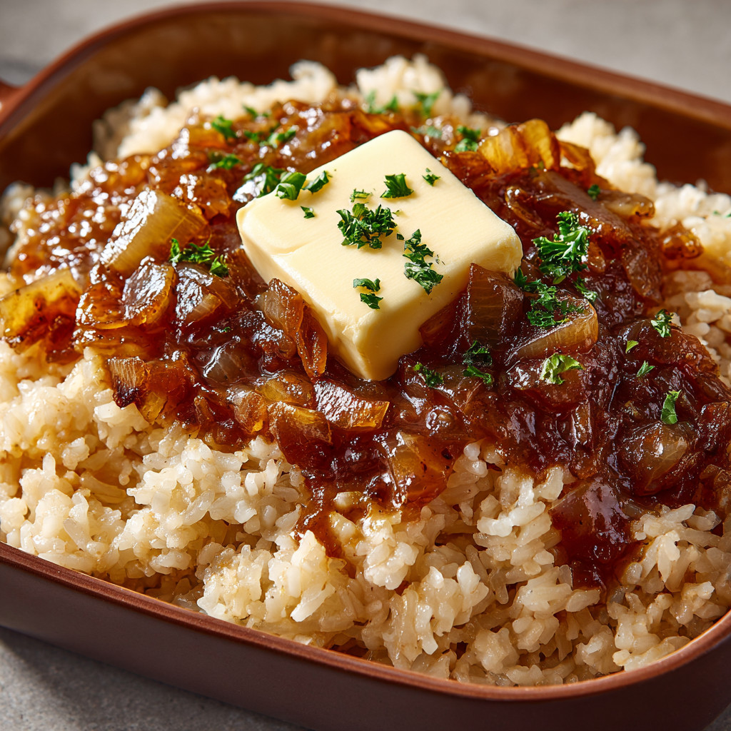 A bowl of rice with butter and onions.