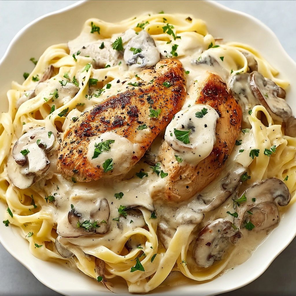 A plate of pasta with chicken and mushrooms.