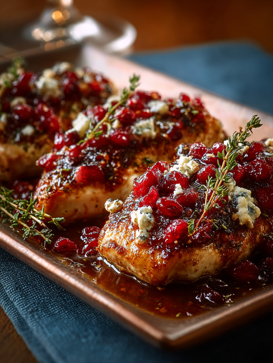 A pan of chicken with blue cheese and red berries.