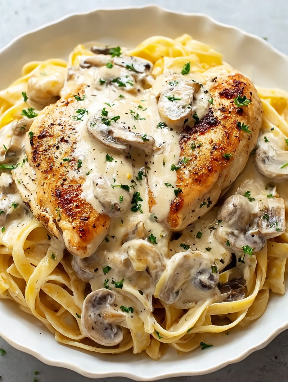 A plate of pasta with chicken and mushrooms.