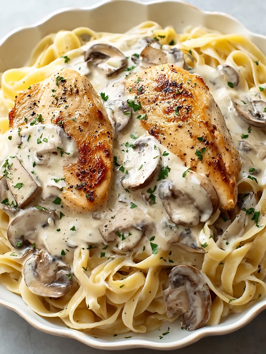 A plate of pasta with chicken and mushrooms.