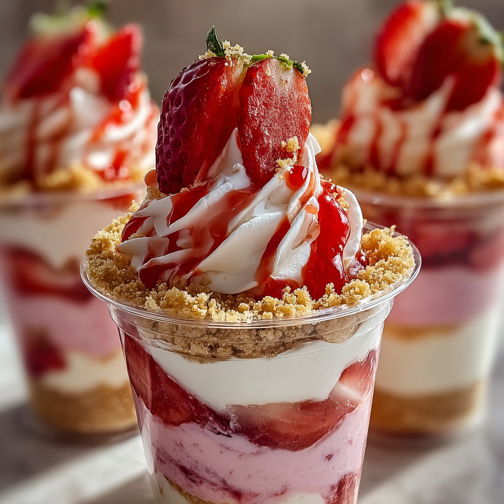 A strawberry dessert with whipped cream and cookie crumbs.