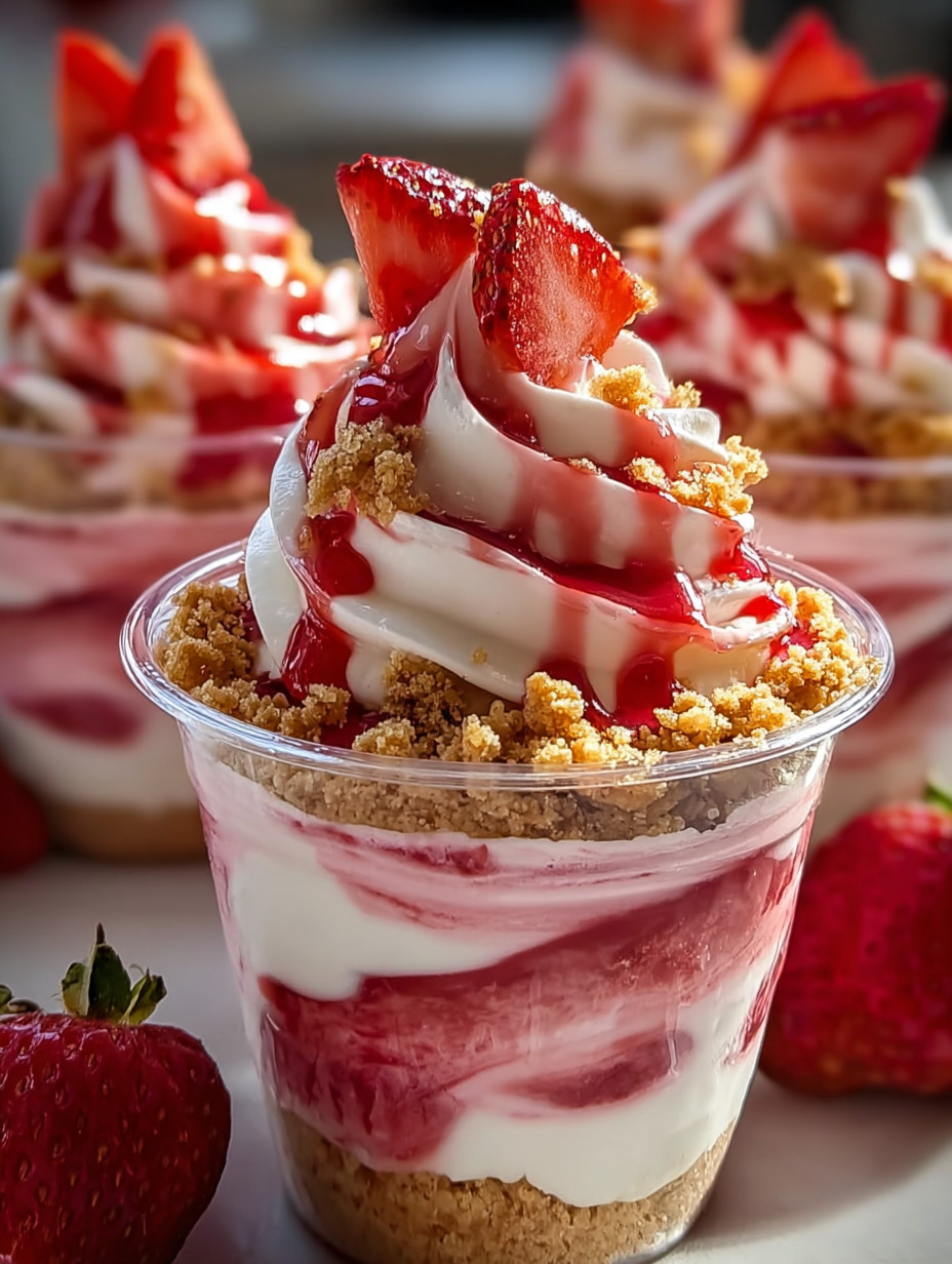 A cup of strawberry shortcake with a strawberry on top.