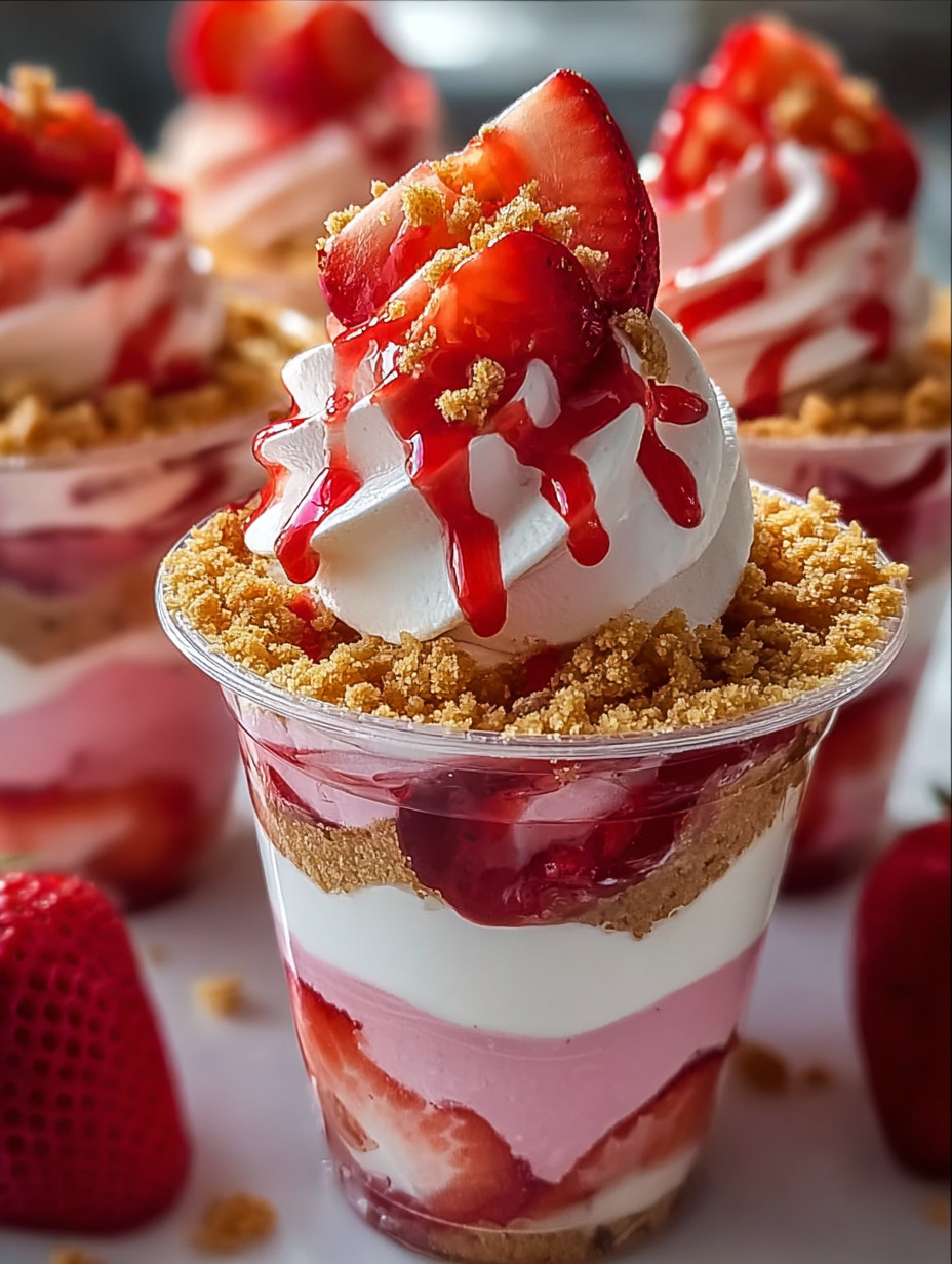 A strawberry shortcake dessert with whipped cream.