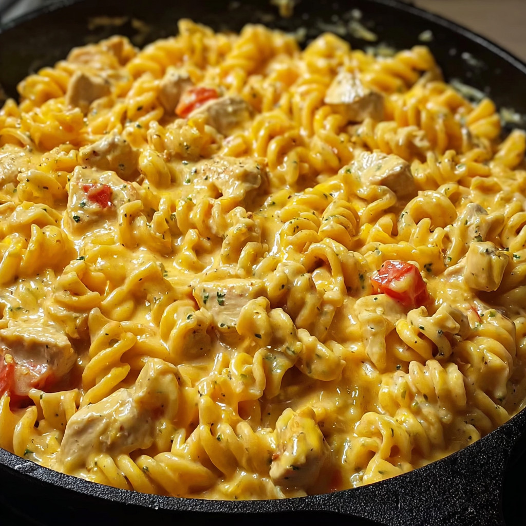 A pan of macaroni and cheese with chicken.