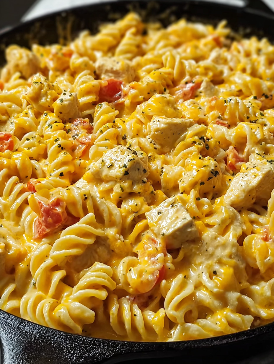 A bowl of pasta with chicken and tomatoes.