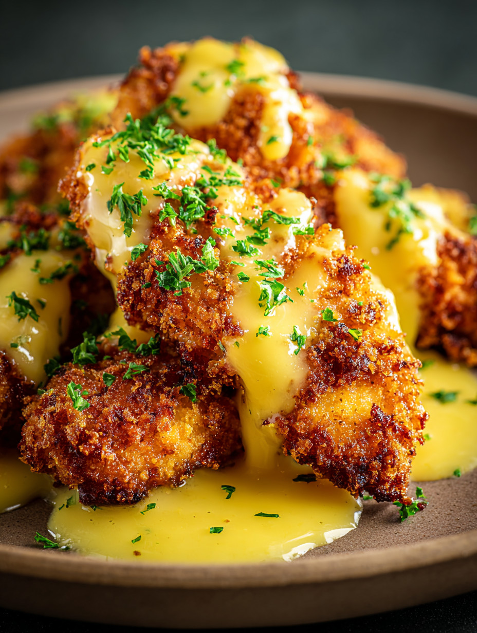 A plate of fried chicken with cheese and herbs.