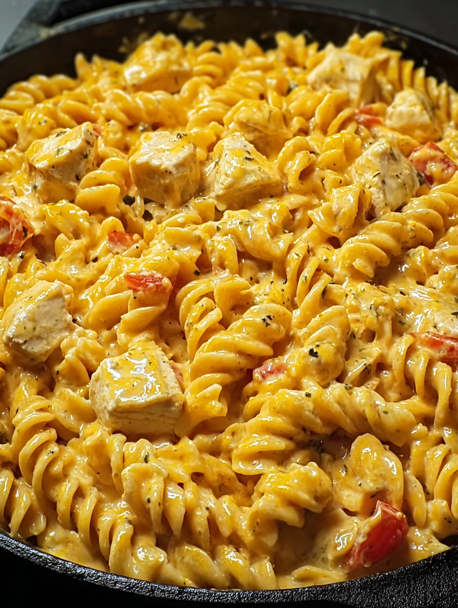 A bowl of pasta with chicken and tomatoes.