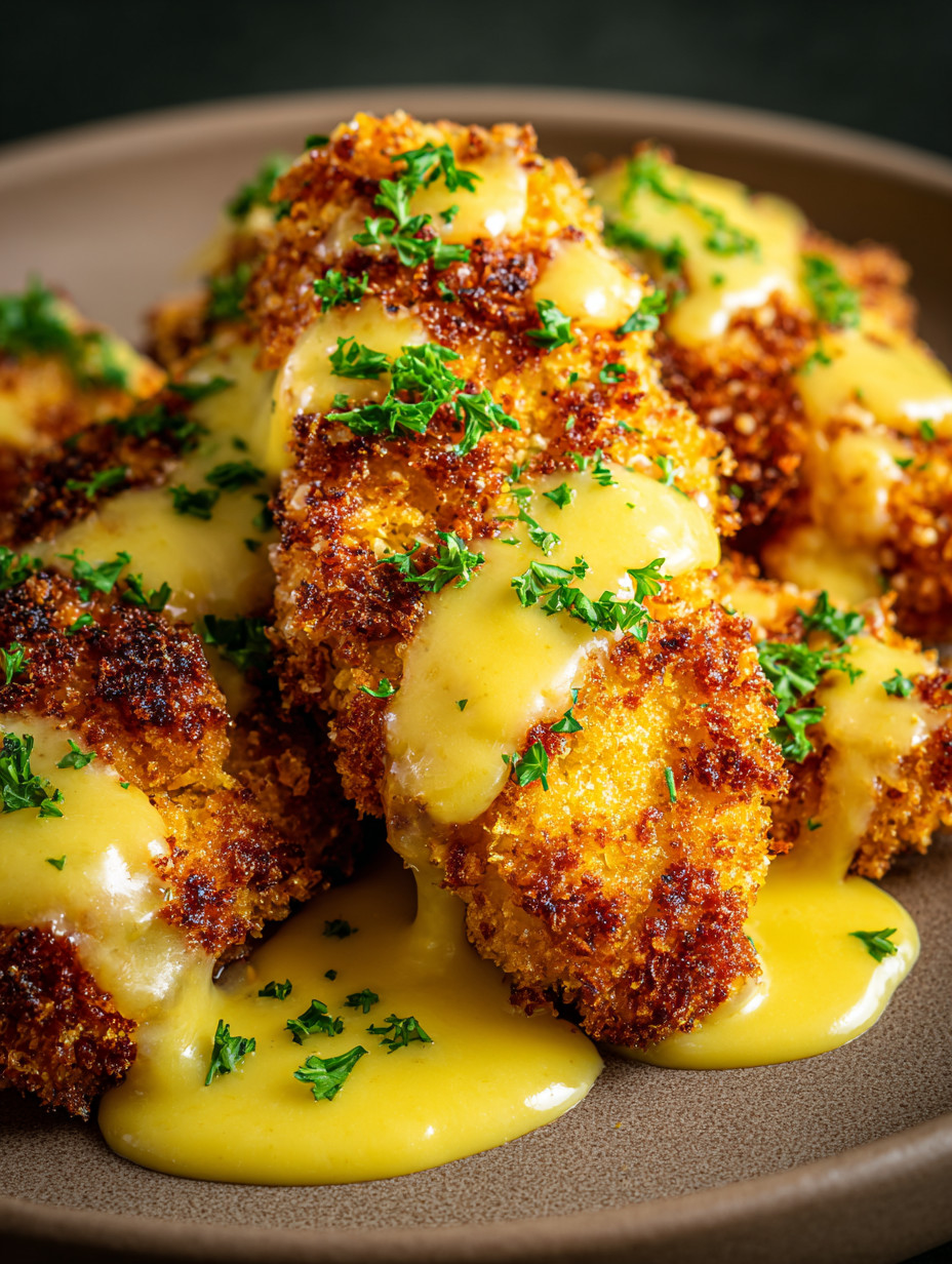 A plate of fried chicken with cheese and herbs.