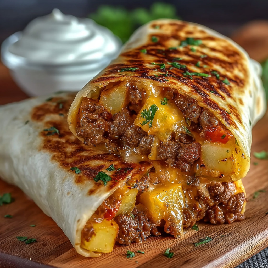 A burrito with meat and cheese on a wooden table.