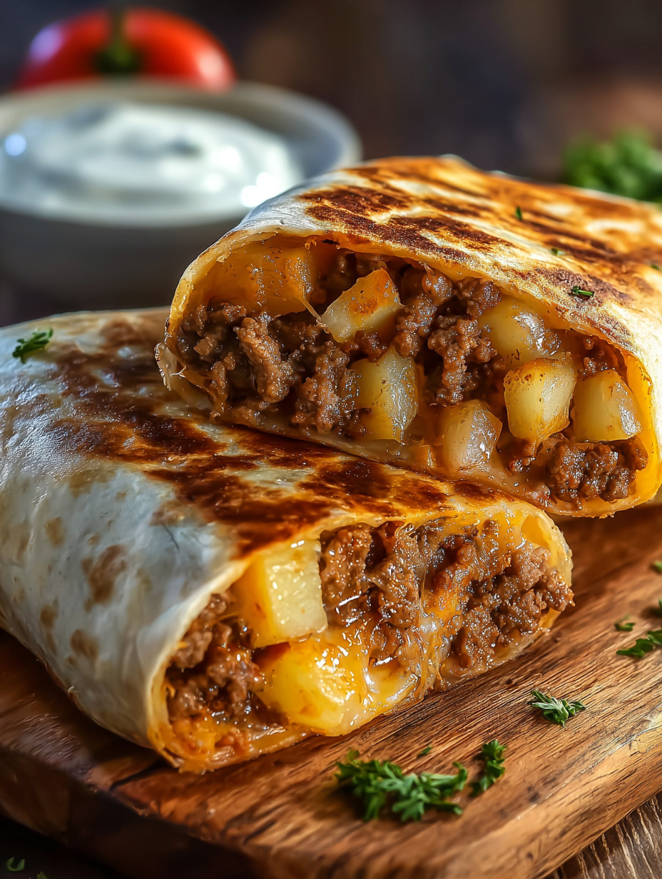 A burrito with meat and potatoes.