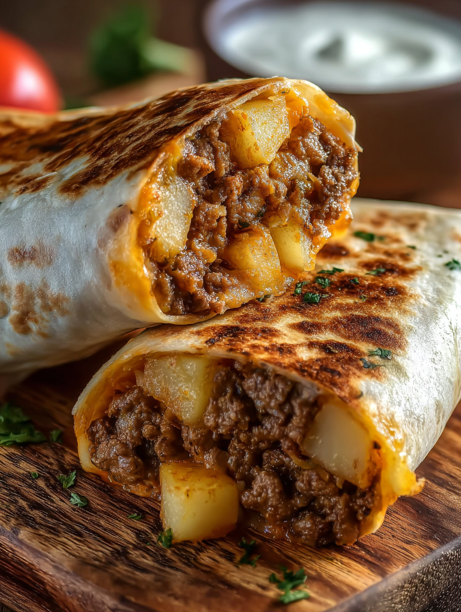 A burrito with meat and potatoes.