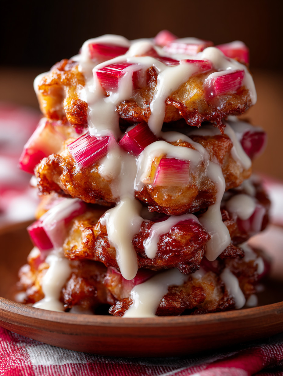A stack of food with white sauce on top.
