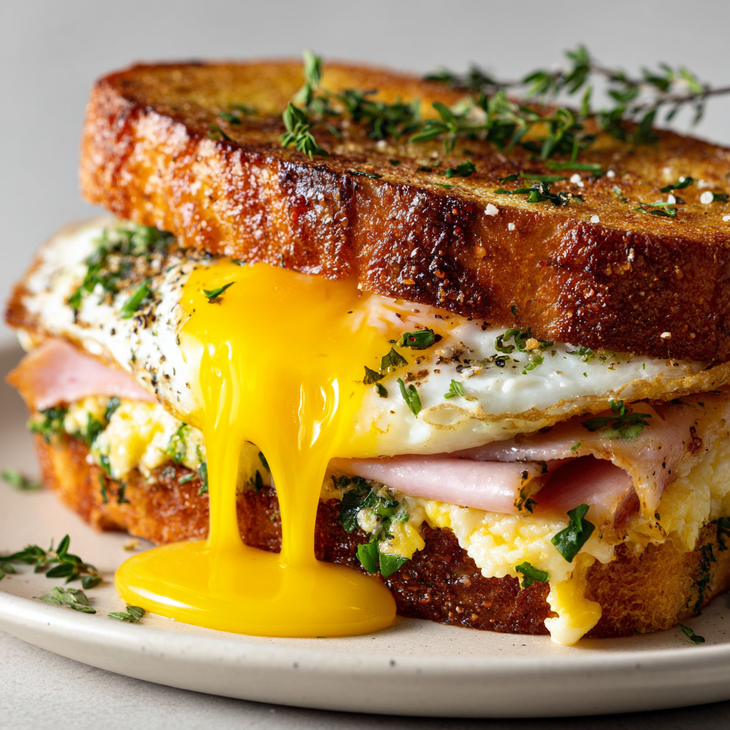 A sandwich with egg and ham on a plate.