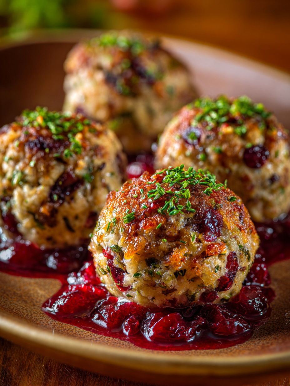 Three meatballs with green toppings on a plate.