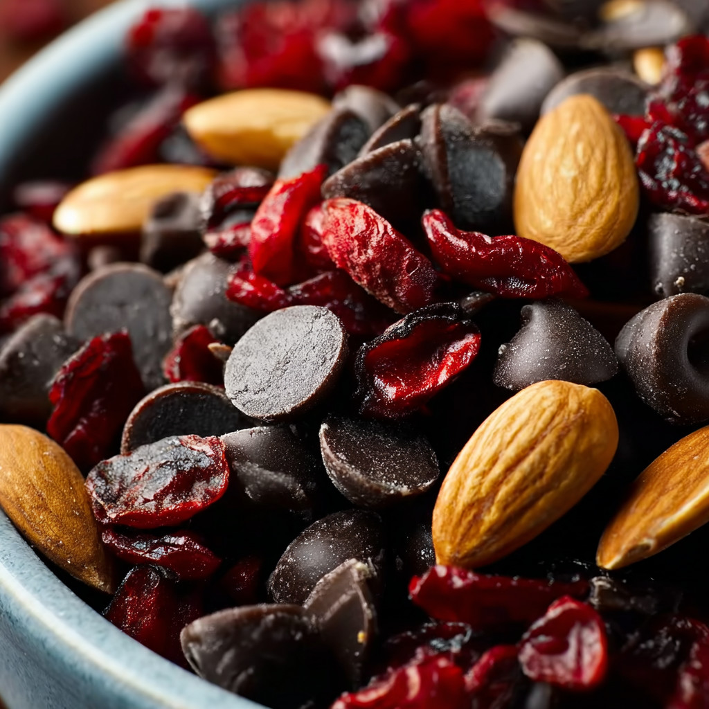 A bowl of chocolate chips and red fruits.