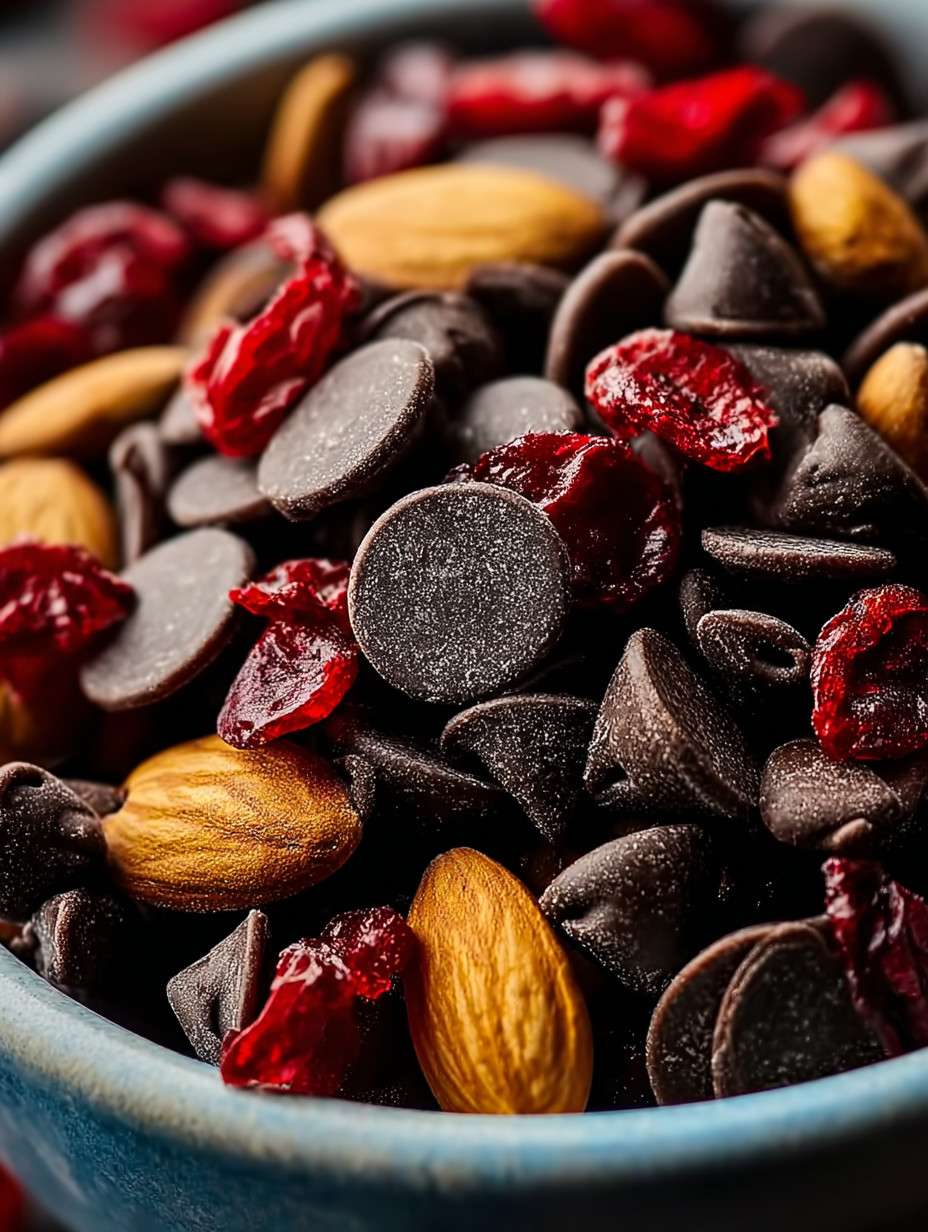 A bowl of chocolate chips and red fruit.