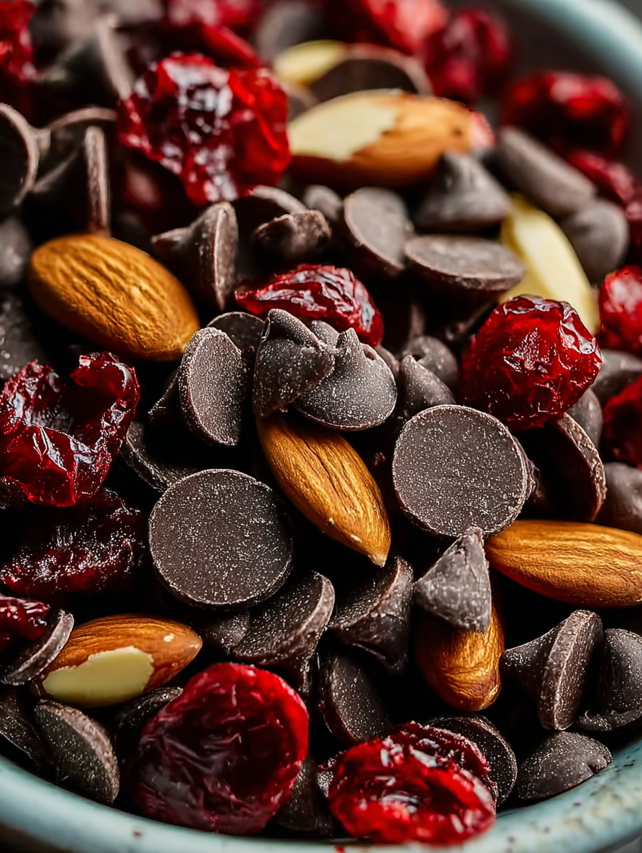 Chocolate and nuts with red berries.