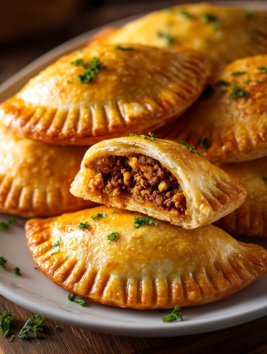 A plate of food with a pastry and green herbs.