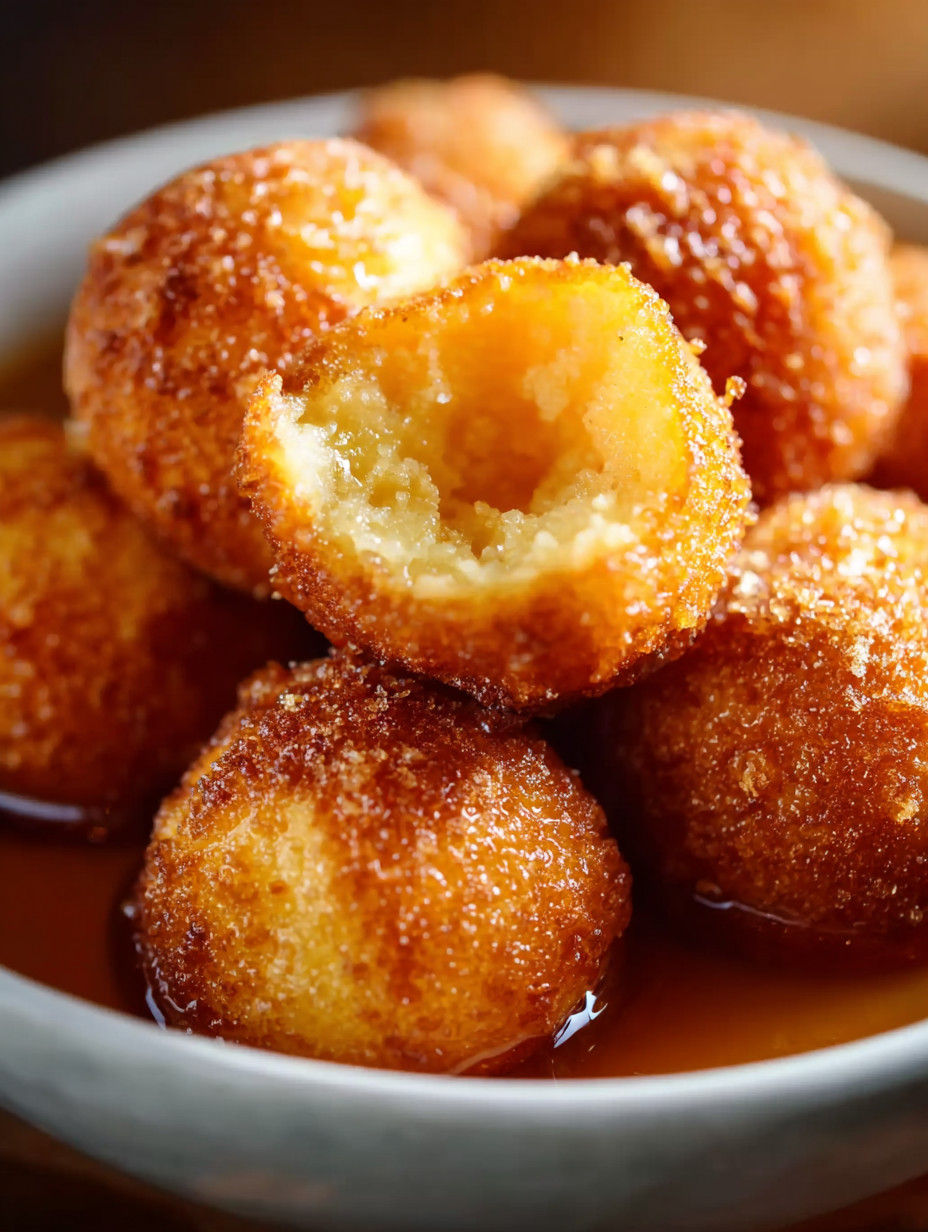 A bowl of doughnuts with a syrup sauce.
