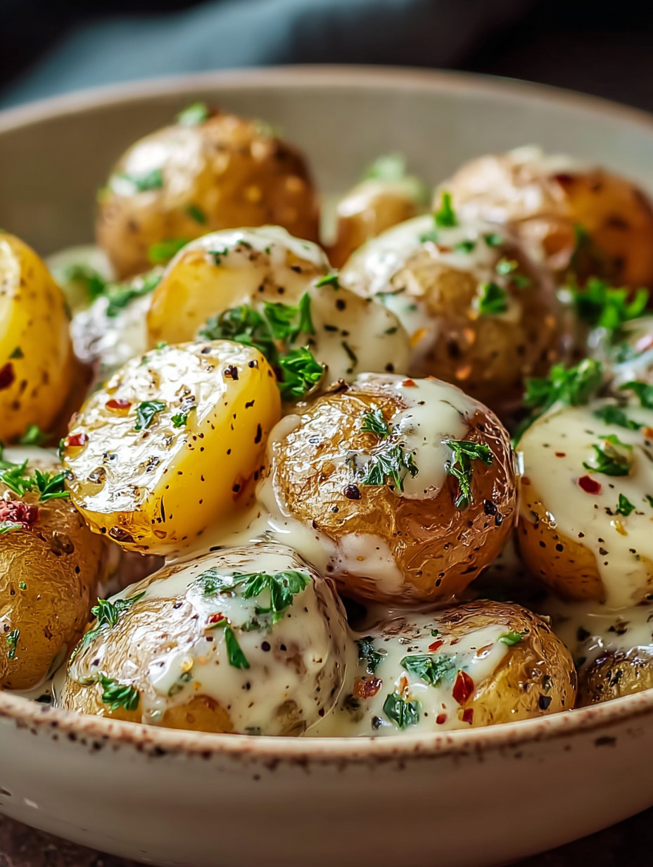 A bowl of potatoes with cheese and herbs.