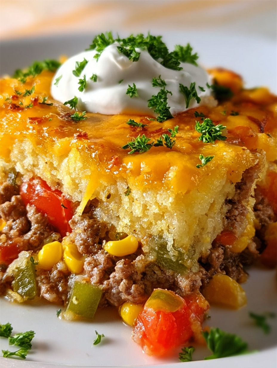 A slice of casserole with a dollop of sour cream on top.