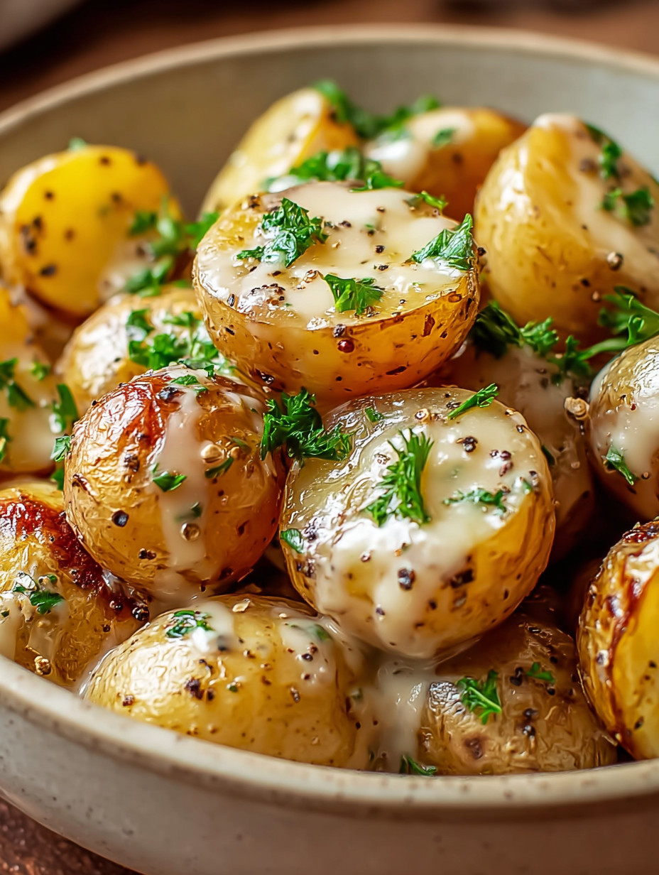 A bowl of potatoes with herbs and sauce.