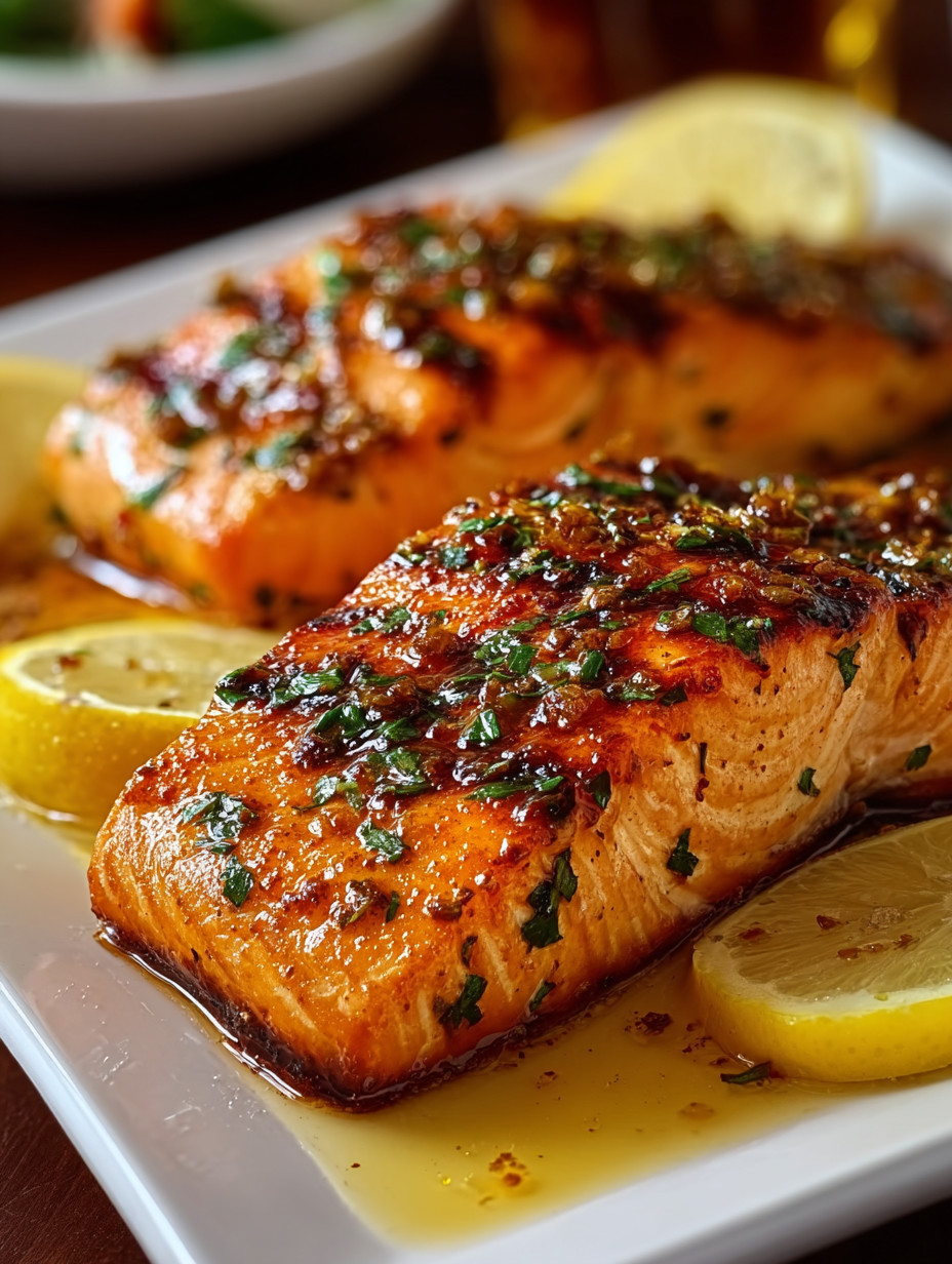 A plate of fish with lemon wedges on top.