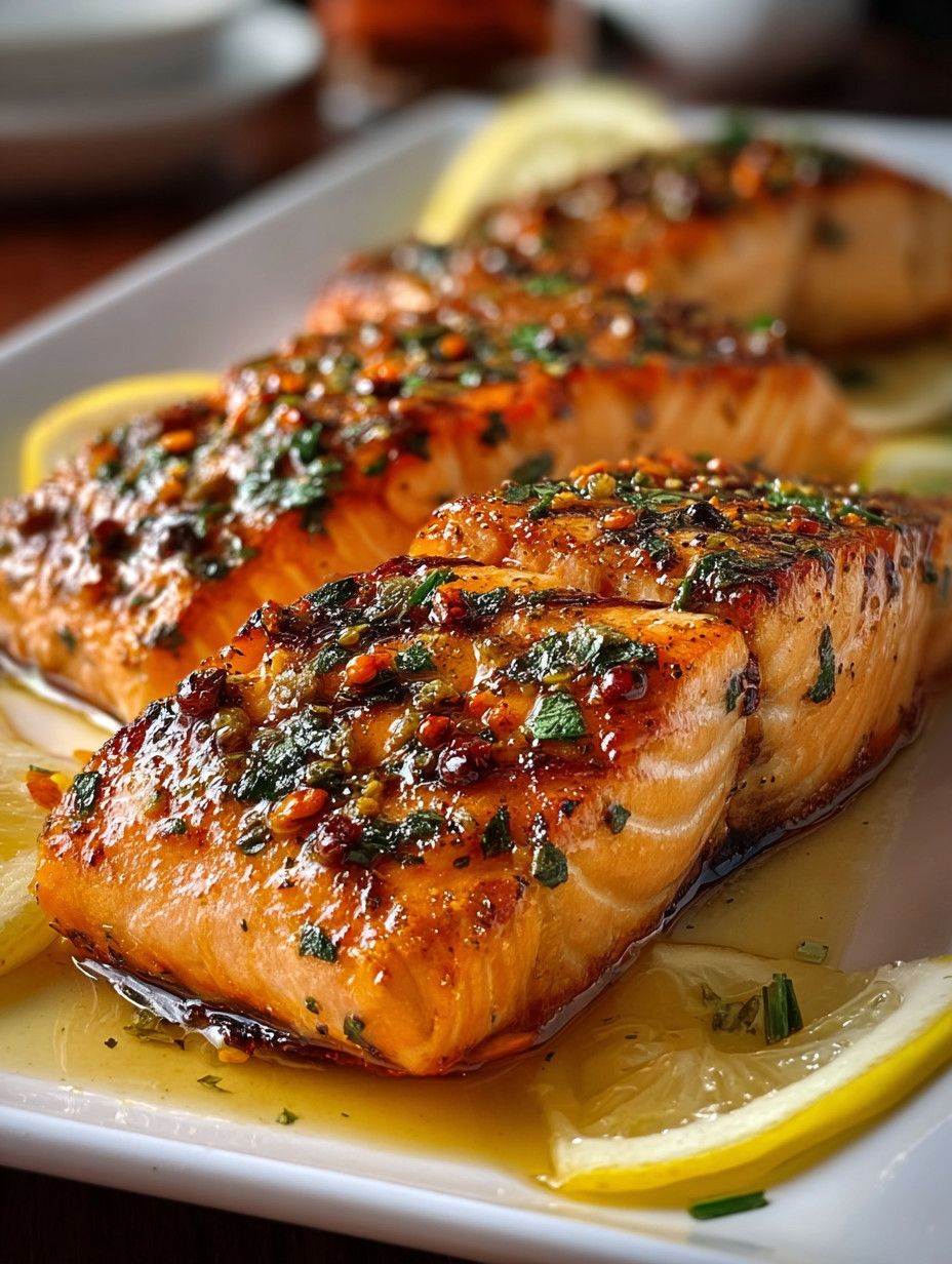 A plate of fish with lemon wedges on top.