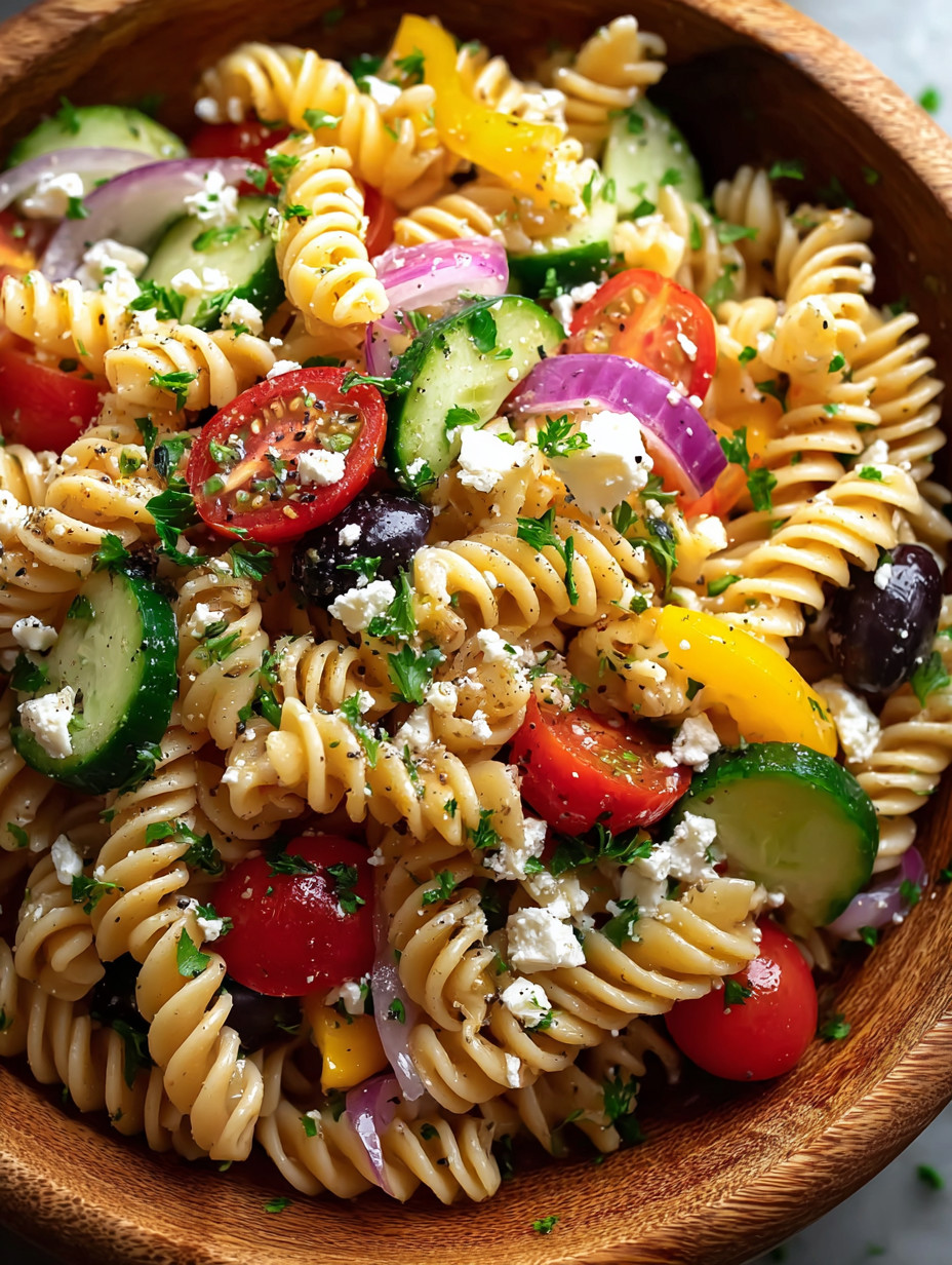 A bowl of pasta with tomatoes, cucumbers, and onions.