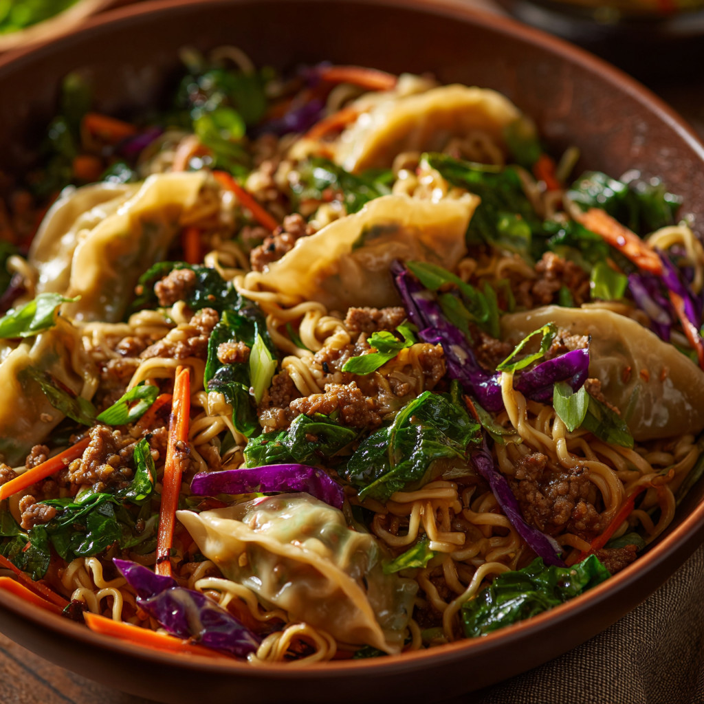A bowl of noodles with vegetables and meat.
