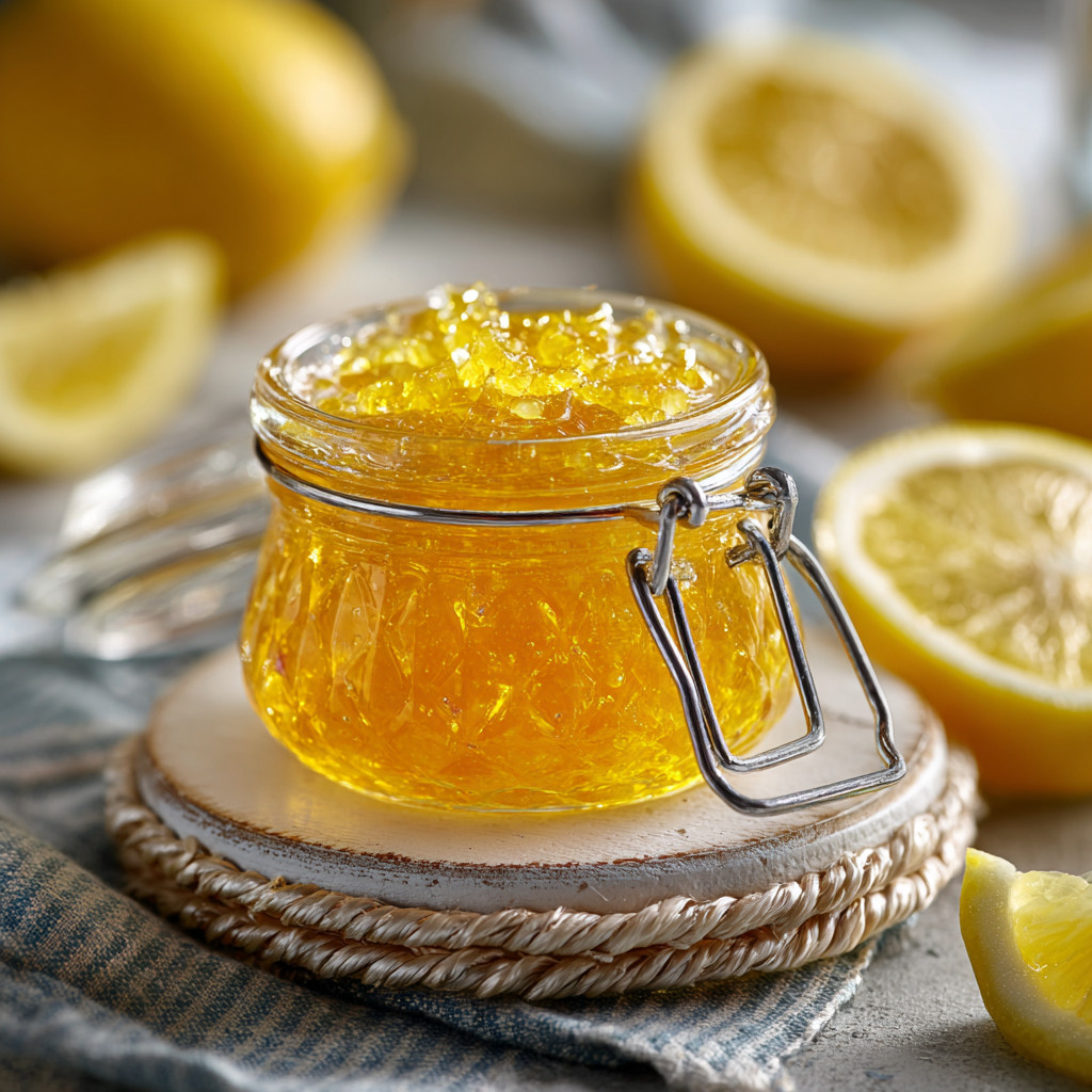 A jar of honey with a lemon wedge on top.