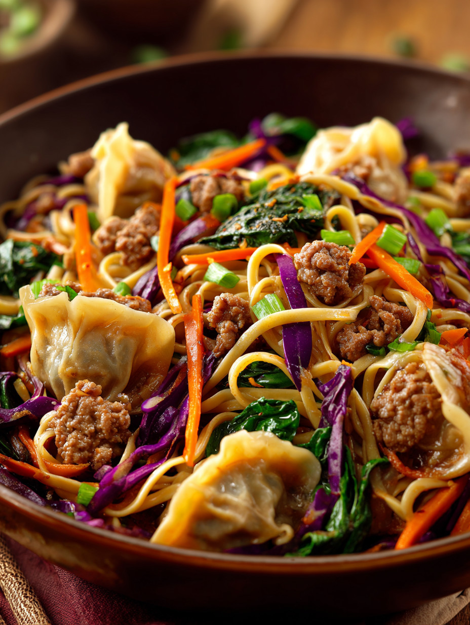 A bowl of noodles with meat and vegetables.