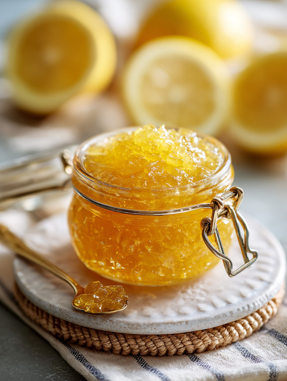 A jar of honey with lemon slices on top.