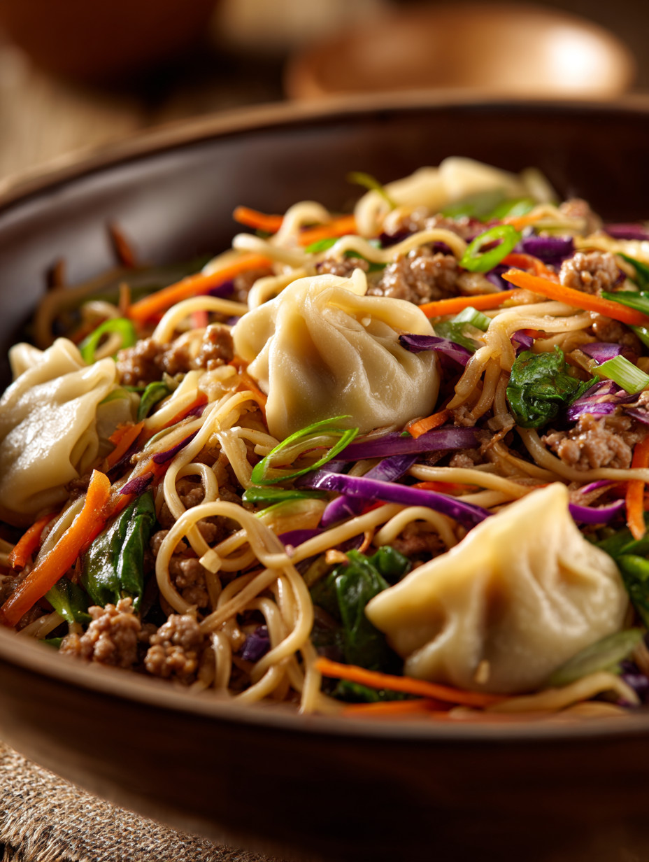 A bowl of noodles with meat and vegetables.