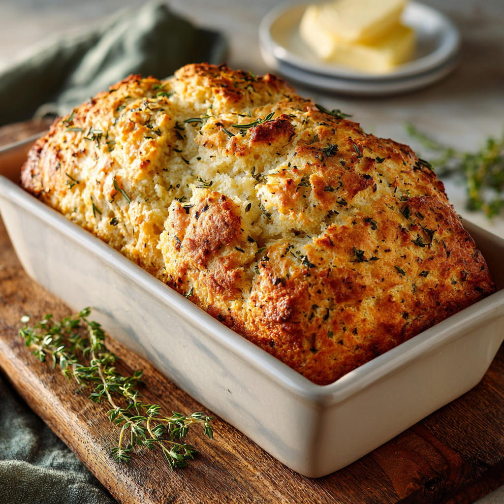 A loaf of bread with herbs on top.