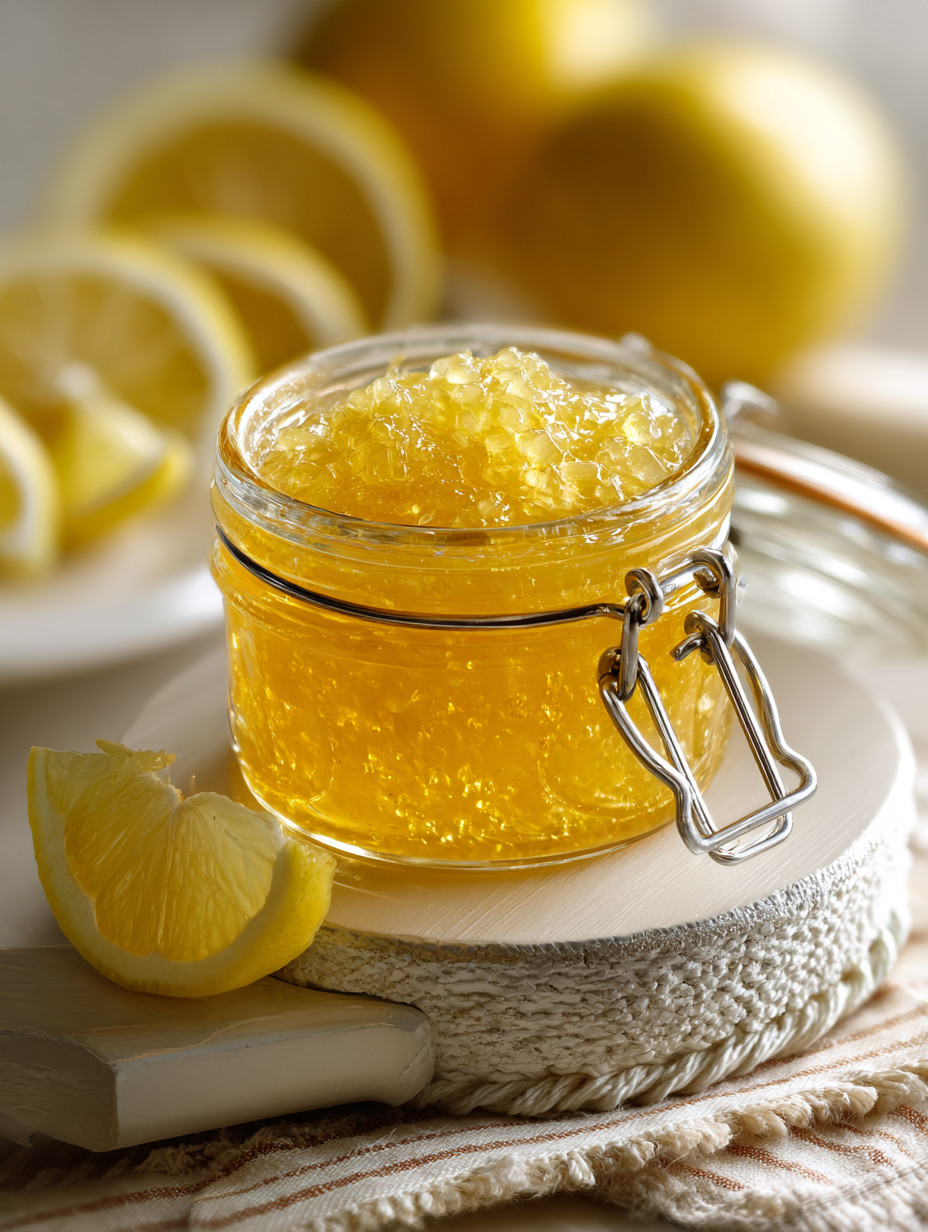 A jar of honey with lemon slices.