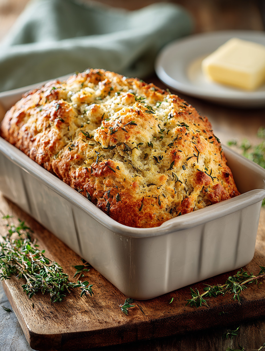 A loaf of bread with herbs on top.